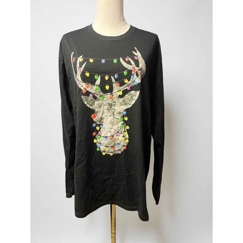 Long-sleeve holiday tee featuring a camo reindeer wrapped in  Christmas lights.